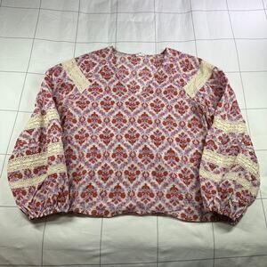 Eze Sur Mer Top Women Medium Purple Cream Floral V Neck Peasant Lace Long Sleeve